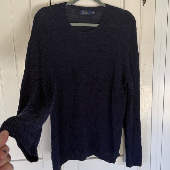 RL Navy Polo Crewneck Cable Sweater Cotton/Linen Size MED - Picture 8 of 11